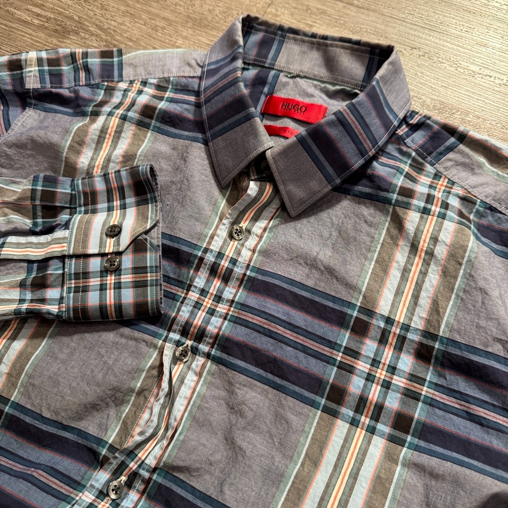 HUGO BOSS Shirt Mens M Blue Plaid 100% Cotton Slim Fit Luxury Business Casual